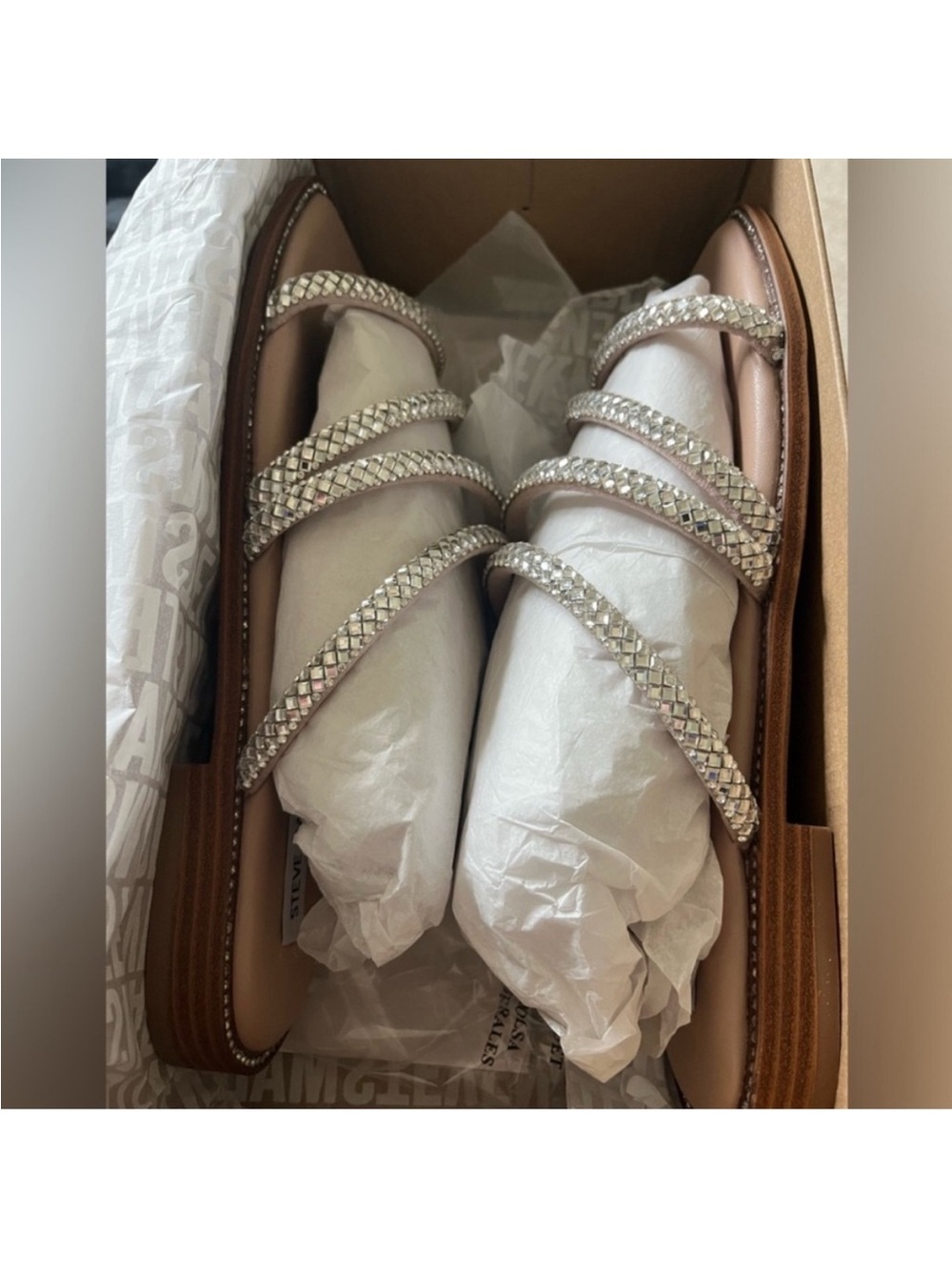 Steve Madden Nude Crystal-Embellished Double Strap Slide Mules - Picture 7 of 10